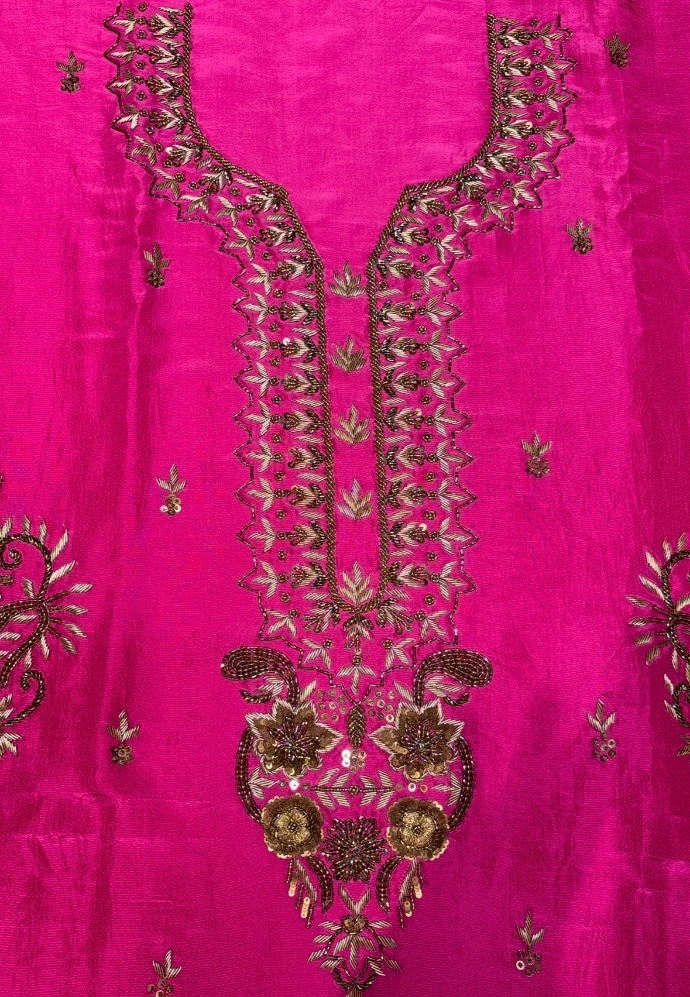 Premium pink unstitched suit with intricate Aari and Zardozi embroidery for festive and wedding wear