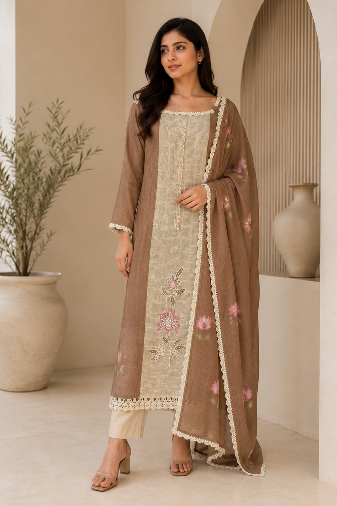 Mocha Blossom Pure Mulmul Embroidered Suit Set