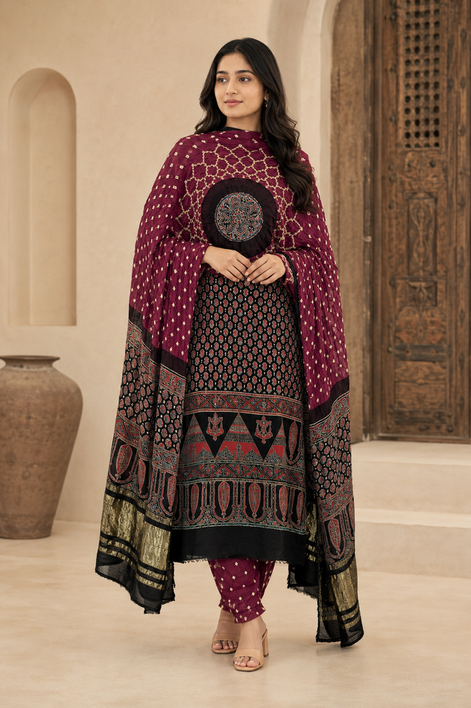 Pure Modal Ajrakh Bandhani Suit Set with Lagdi Patti Dupatta – Wine & Black