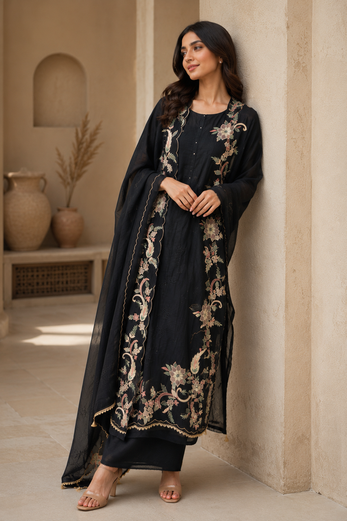 Midnight Bloom Embroidered Pure Mulmul Suit Set