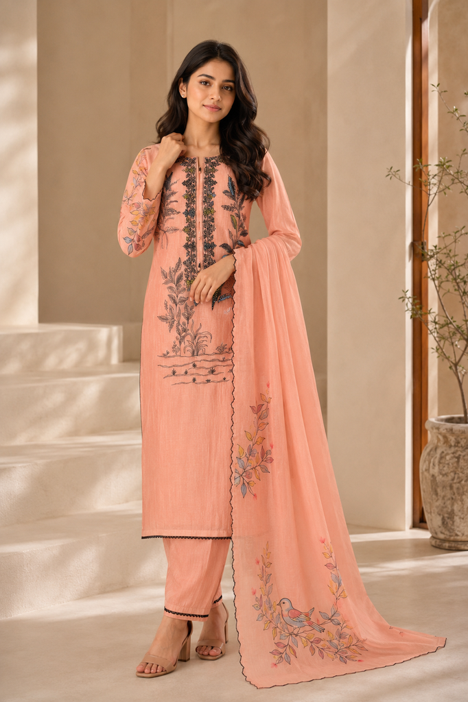 Blush Peach Mulmul Botanical Embroidered Suit Set