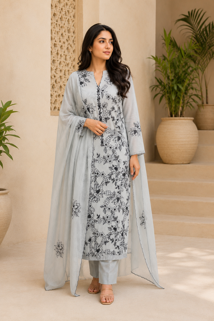 Mist Grey Malmal Floral Printed Suit Set