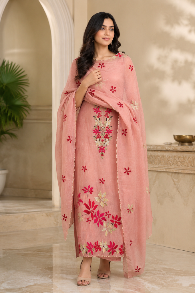 Blush Rosé Floral Embroidered Pure Mulmul Unstitched Suit Set