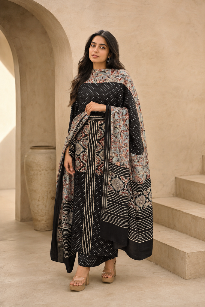 Noir Royale Pure Modal Ajrakh Suit Set[BLACK]