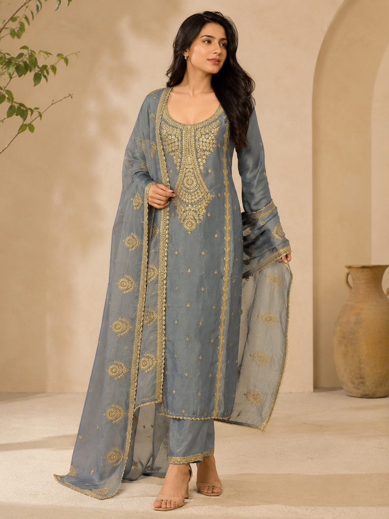Noor-e-Zar Steel Grey Embroidered Suit Set