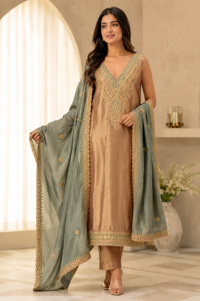 Celestial Bronze Hand-Embroidered Luxury Suit Set