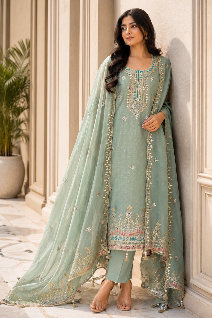Celeste Sage Mirror Embroidered Luxury Suit Set gs