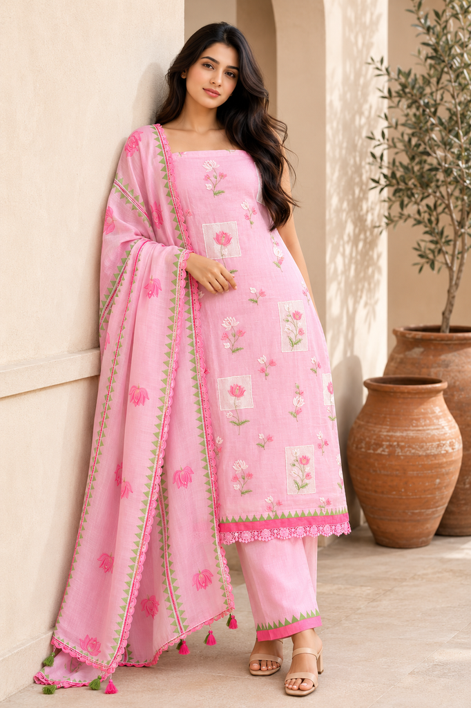 Rosé Lotus Bloom Embroidered Luxury Suit Set
