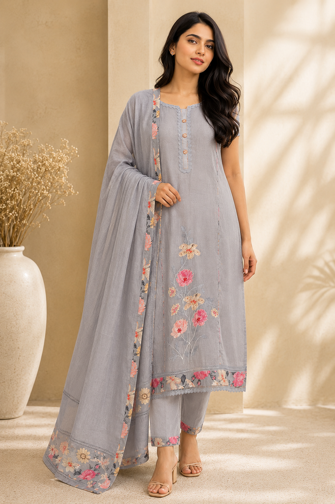 Celeste Bloom Embroidered Suit Set – Dove Grey