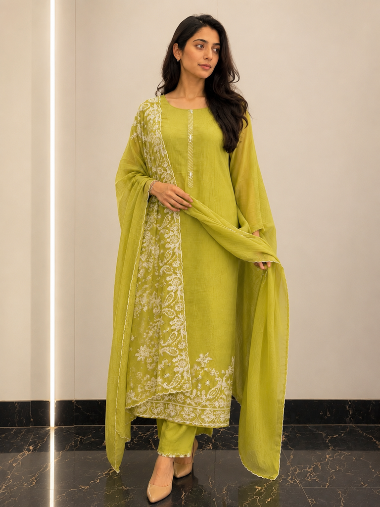 Olive Whisper Embroidered Suit Set