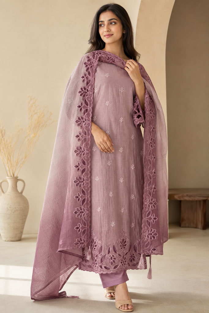 Mauve Bloom Cutwork Cotton Suit Set mul mul