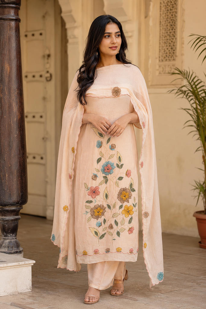 Blush Beige Floral Handcrafted Pure Mulmul Unstitched Suit