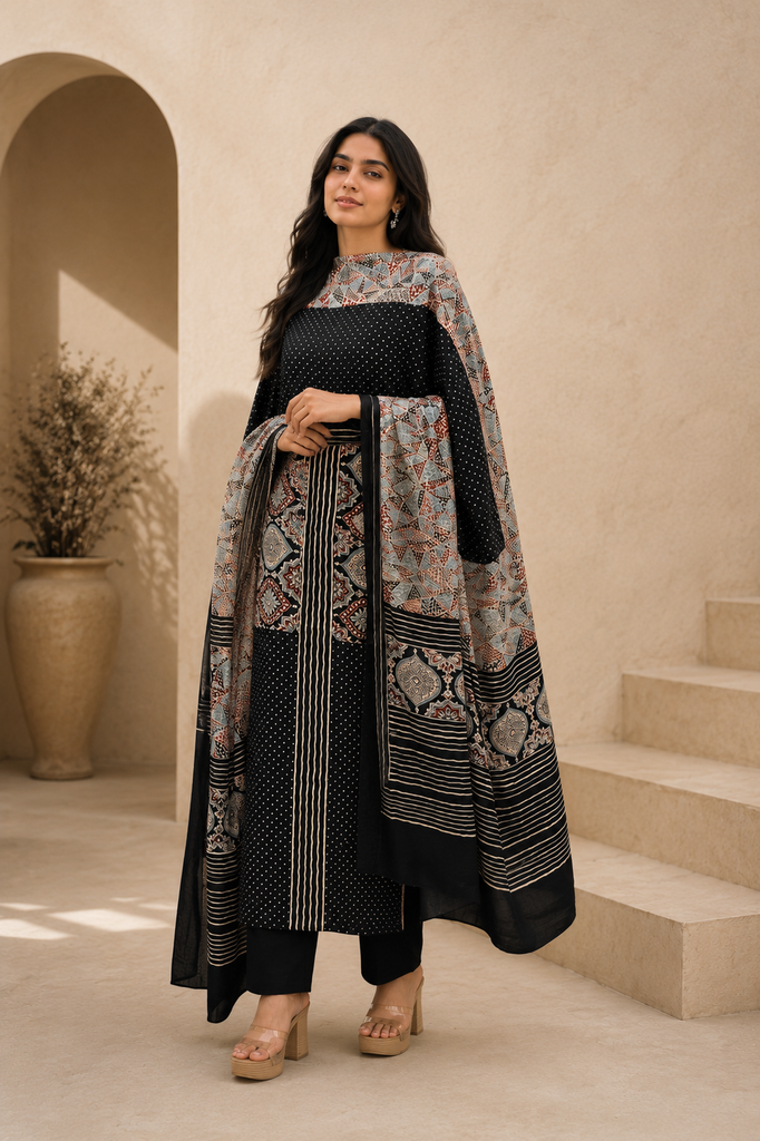 Noir Royale Pure Modal Ajrakh Suit Set[BLACK]