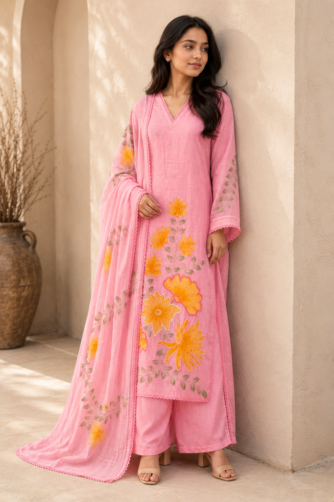 Pink Blossom Handwork Hand-Printed Mulmul Suit Set
