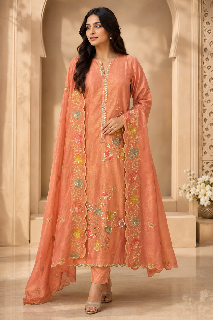 Peach Blossom Hand-Embroidered Premium Silk Suit Set