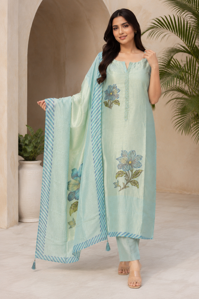Celeste Bloom Mint Luxe Unstitched Suit Set