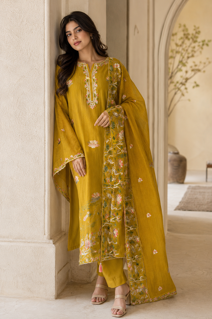 Mustard Lotus Garden Embroidered Premium Unstitched Suit Set