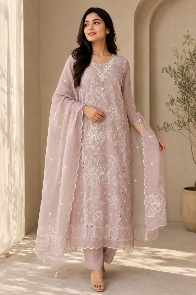 Gulnaar Blush Chikankari Suit Set