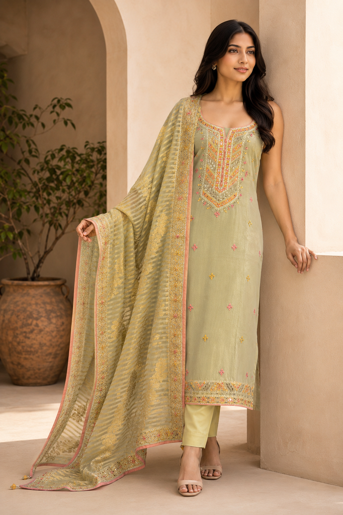 Meher Noor Sage Mirror Suit Set